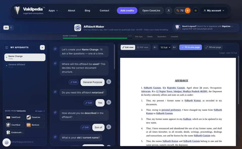 Affidavit Maker on a computer: the chat beside a live A4 affidavit