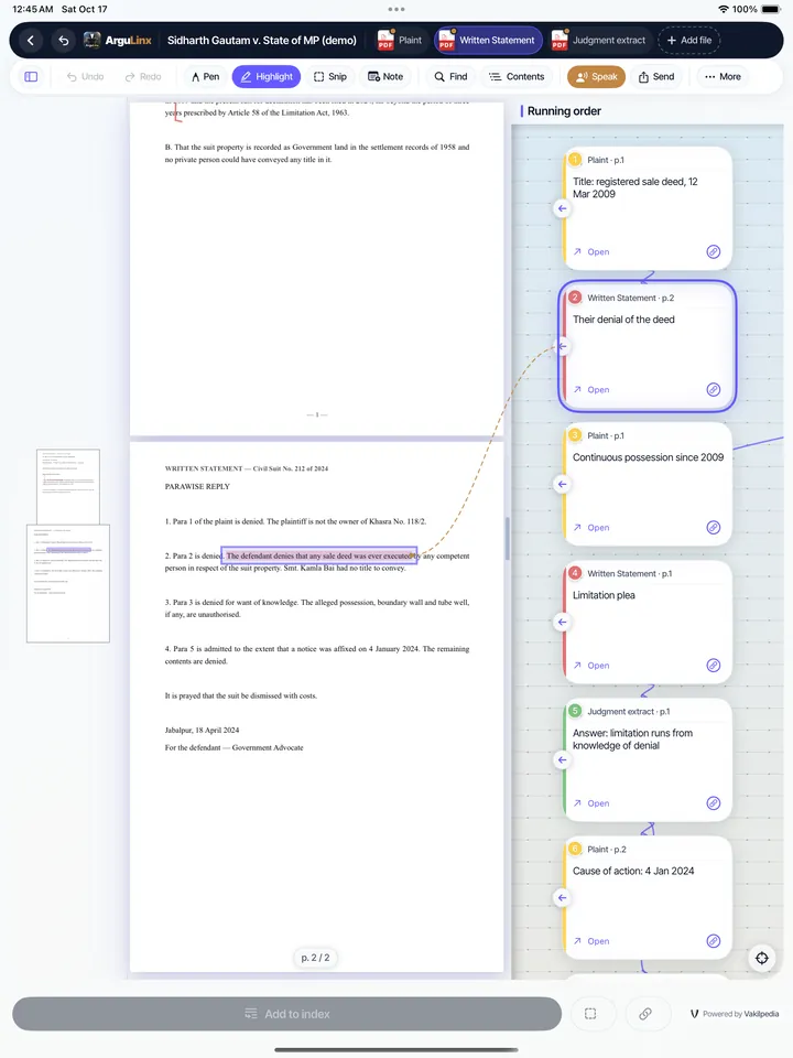 ArguLinx on iPad: a card opens the matching page in another file