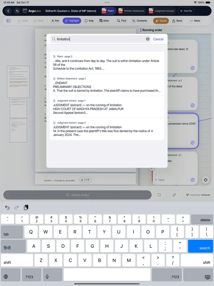 ArguLinx search on iPad: one word found across the plaint, the written statement and the judgment, each result showing its file and page