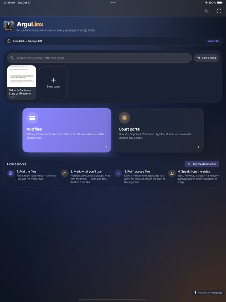 ArguLinx home on iPad in dark mode