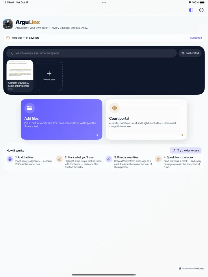 ArguLinx home on iPad: a matter, Add files and the Court portal