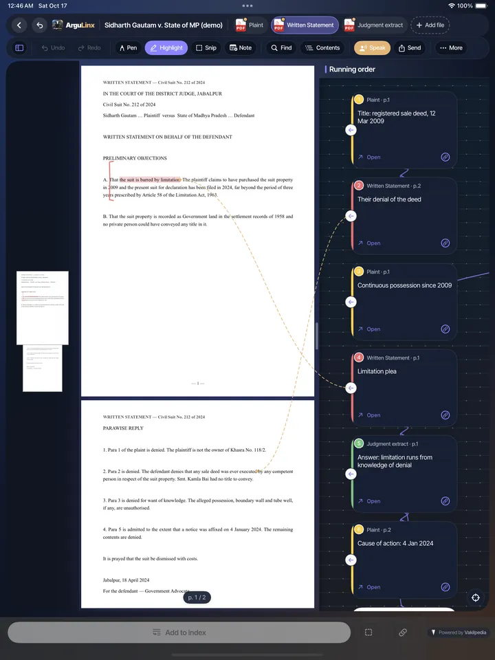 The ArguLinx reader on iPad in dark mode with a highlighted passage and the running-order index