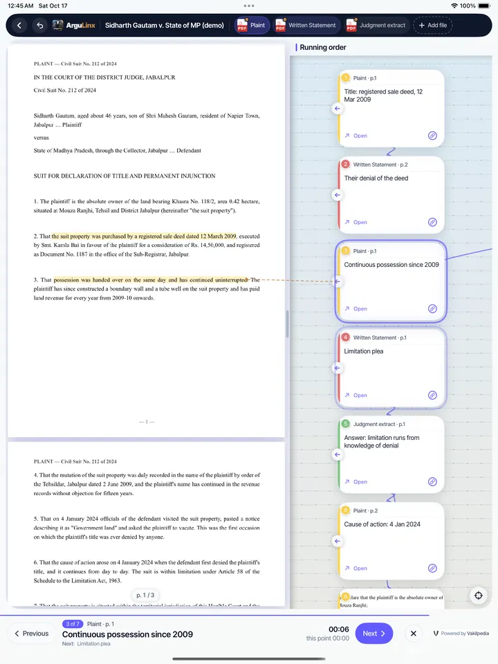Speak mode on iPad: the page beside the running-order index, with Previous and Next