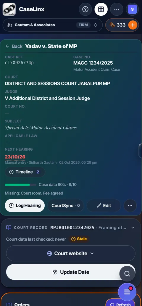 A CaseLinx Case Board with case data, next hearing and CourtSync