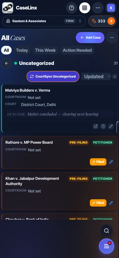 CaseLinx case cards in dark mode