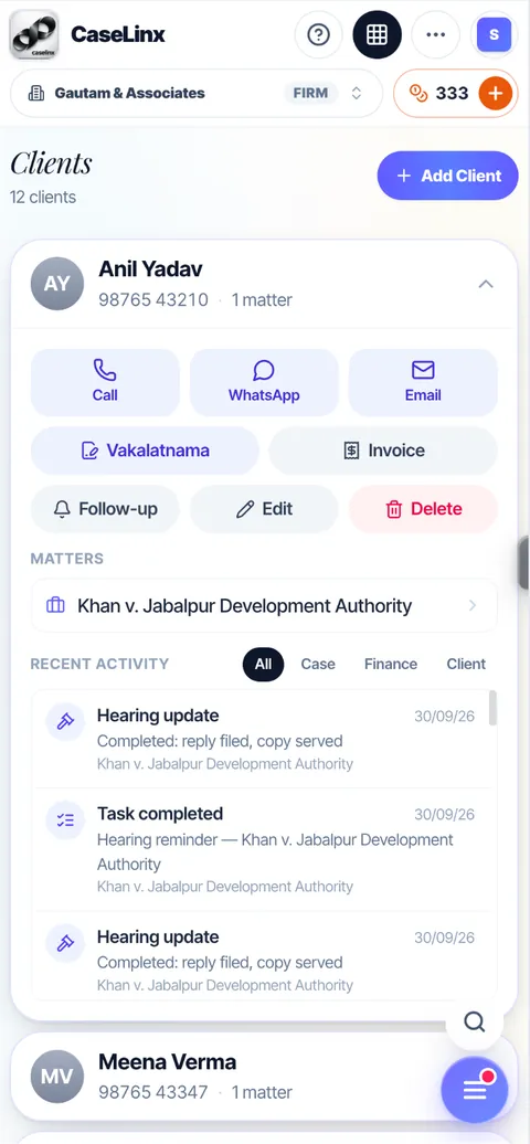 A client with call, WhatsApp, email, Vakalatnama, invoice and recent activity