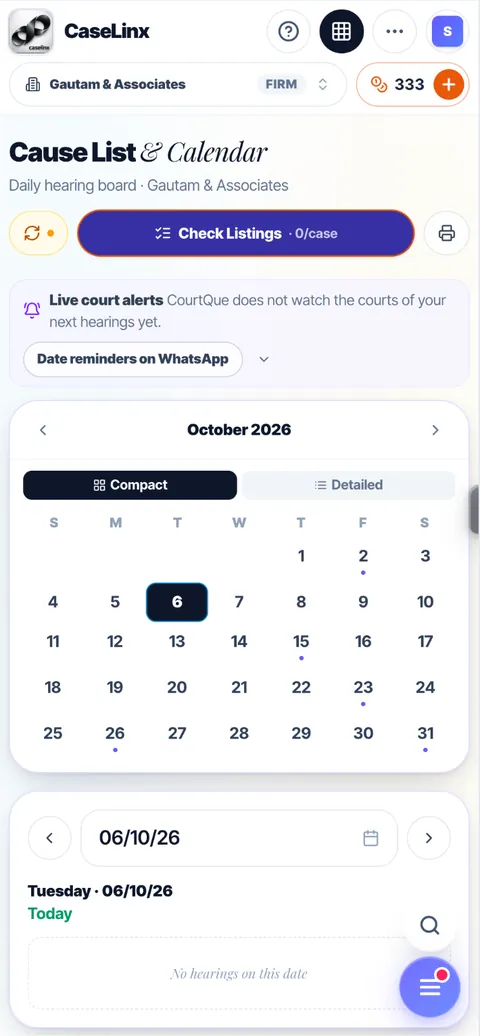 Cause list and calendar with hearing dates and court alerts