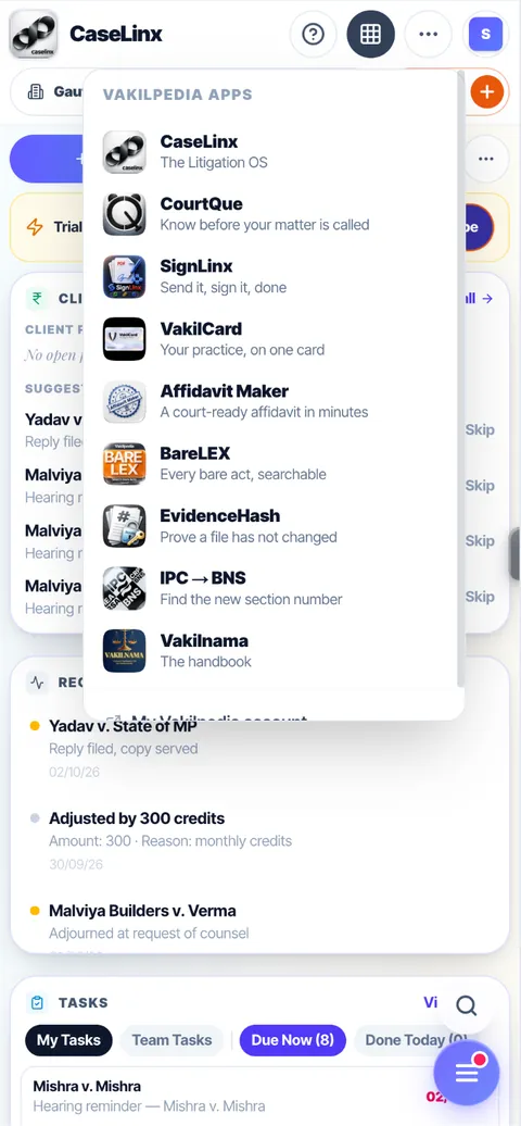 The Vakilpedia apps drawer inside CaseLinx
