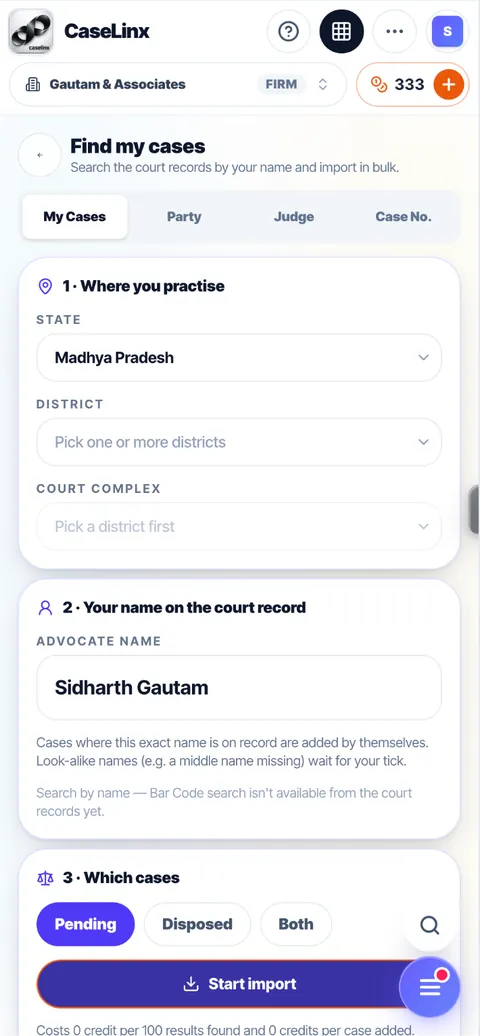Find my cases: search court records by your name and import in bulk