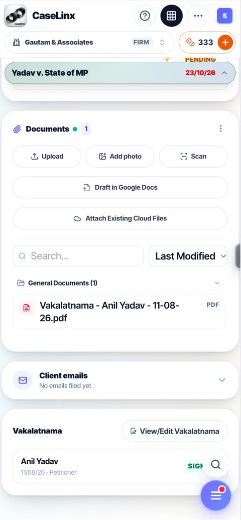 Case documents: upload, add photo, scan, draft in Google Docs