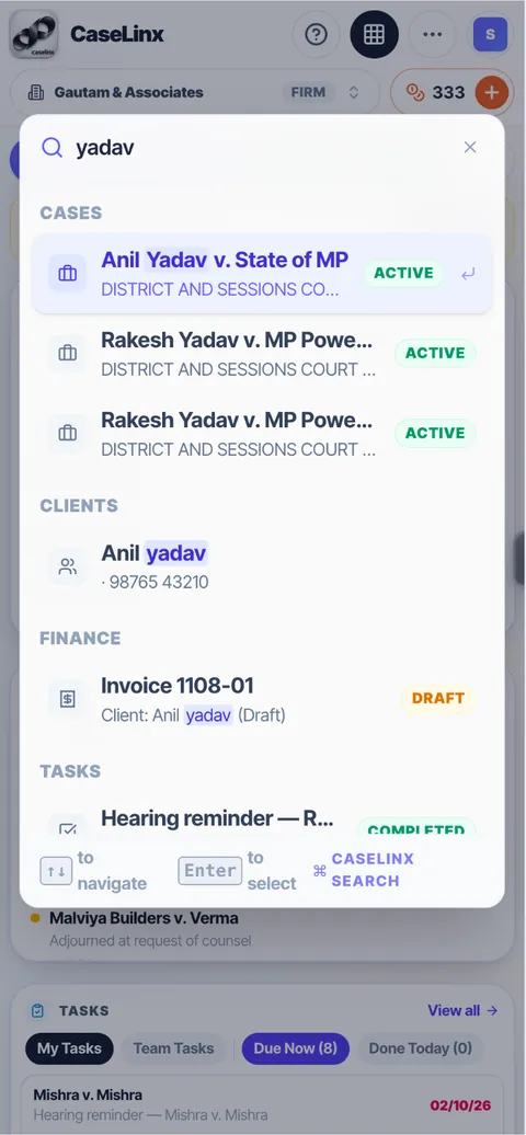 CaseLinx search: cases, clients, invoices and tasks in one list