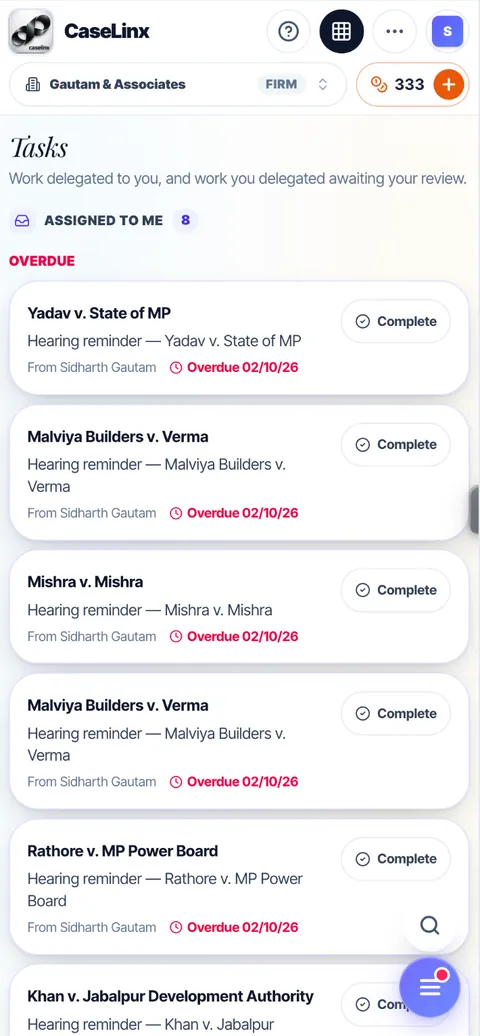 Tasks delegated to an associate, each with a Complete button