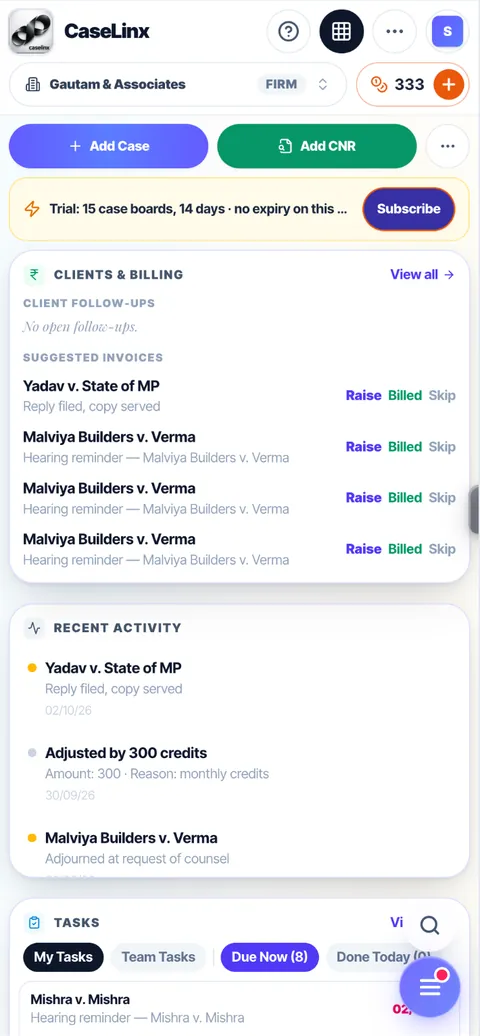 The CaseLinx dashboard in light mode