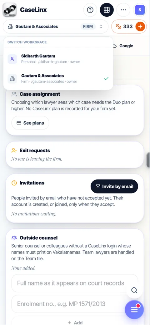 Workspace switcher: a personal account and a firm account