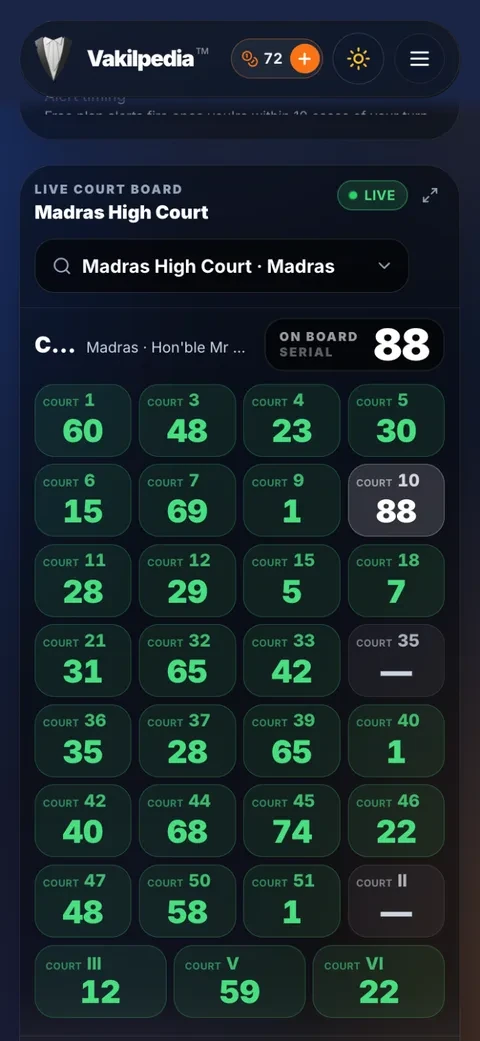 The Madras High Court board in dark mode