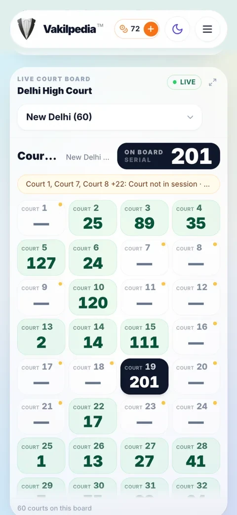 The CourtQue live board on a phone: every court on the bench with the serial it is on