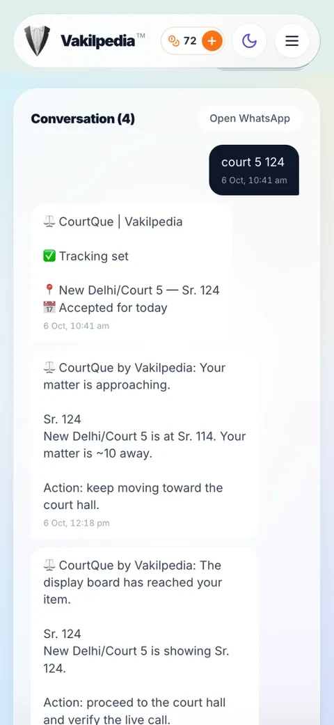 A CourtQue alert thread in light mode