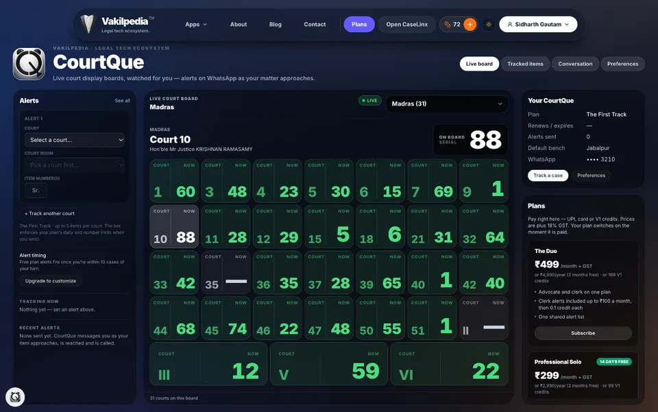 CourtQue on a computer in dark mode: alerts, the live board and your plan side by side