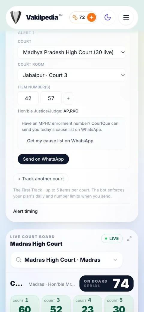 CourtQue offering today’s cause list by MP High Court enrolment number