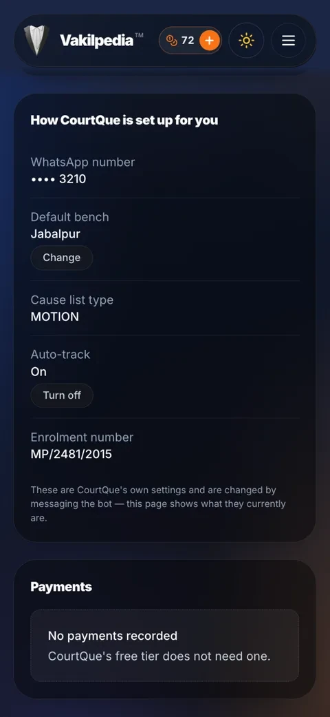 How CourtQue is set up for you: default bench, cause list type, auto-track, enrolment