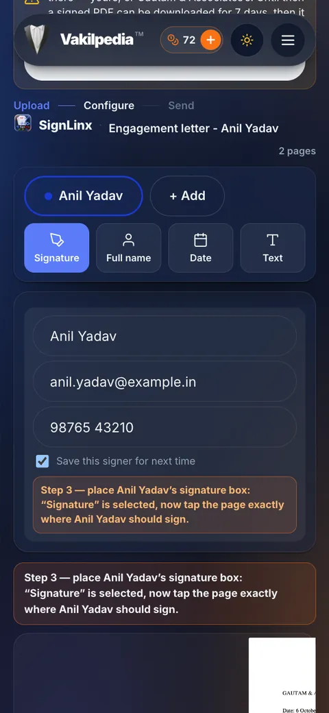 Adding a signer with name, email and WhatsApp number