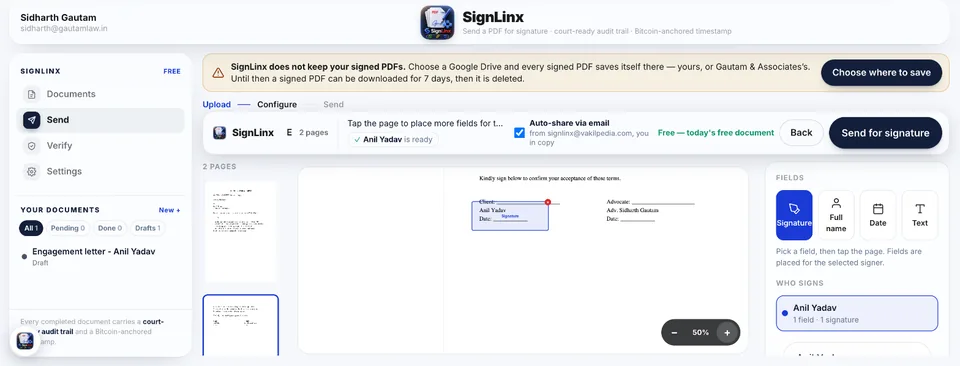 The SignLinx editor on a computer: signature box placed on page 2