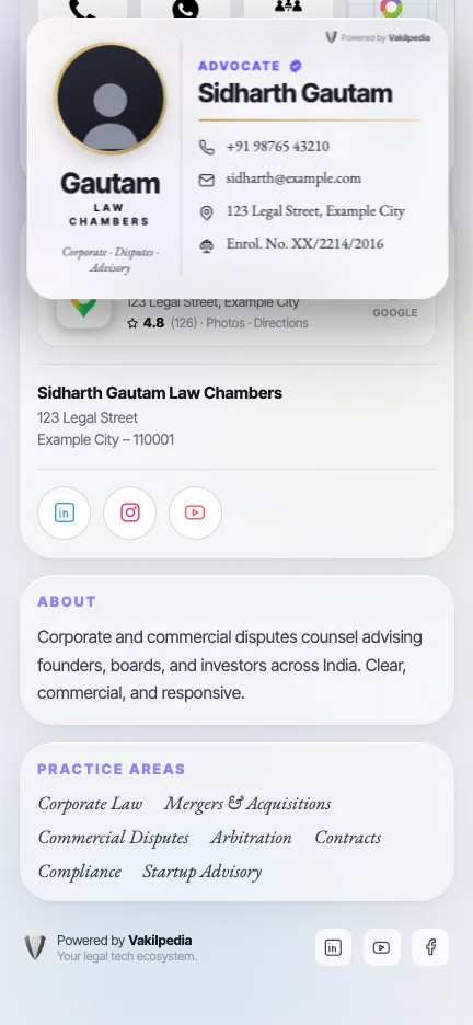 The lower half of a VakilCard: chamber address, social links, about and practice areas