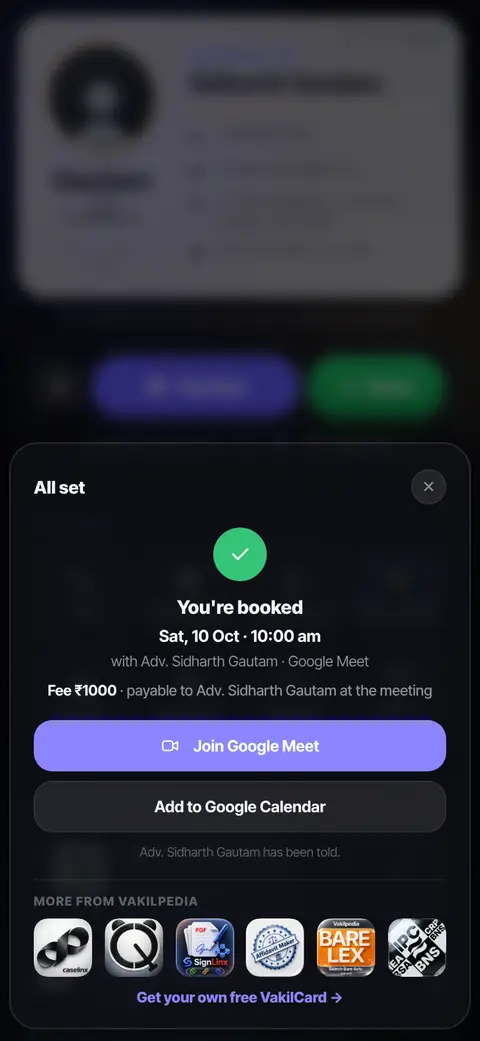 The You are booked screen: day, time, Google Meet, the fee, Join Google Meet and Add to Google Calendar