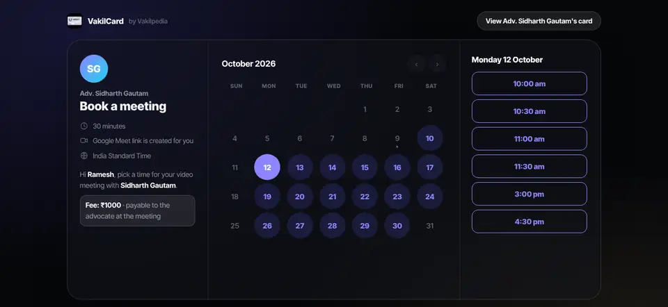 The booking page on a computer: a month calendar, the times on offer, the fee and the Google Meet details