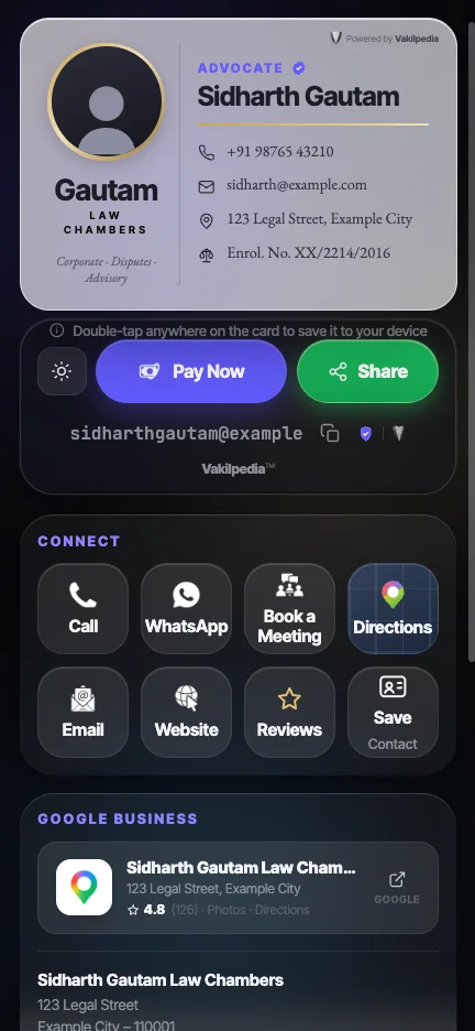A VakilCard in dark mode: name, chamber, phone, email, address and enrolment number