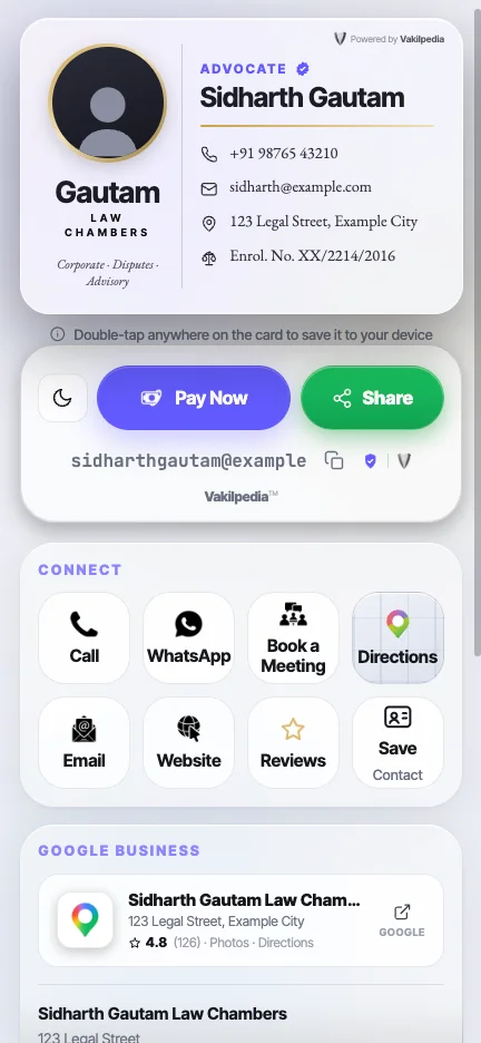 A VakilCard in light mode: Pay Now, Share, Call, WhatsApp, Book a Meeting, Directions, Save Contact