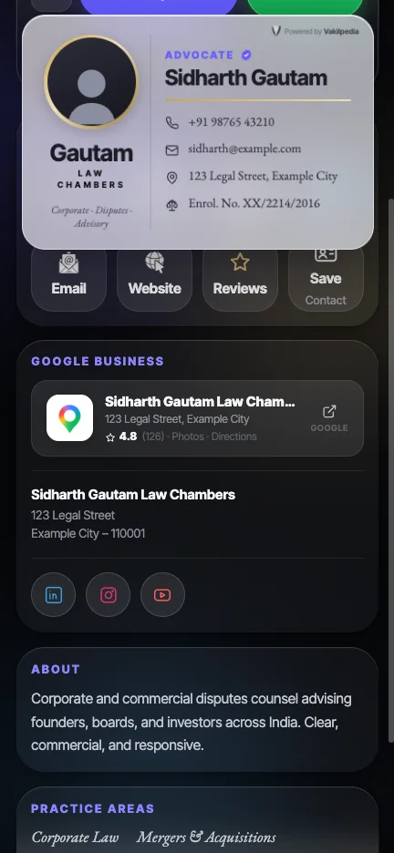 Google Business listing, rating and chamber address on a VakilCard in dark mode
