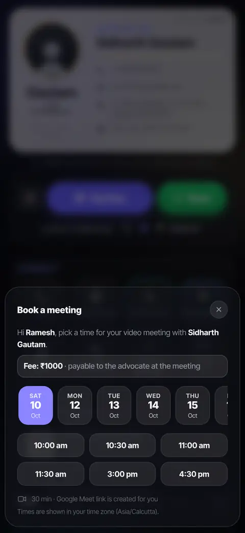 A client choosing a day and a time on a private booking link, with the fee shown